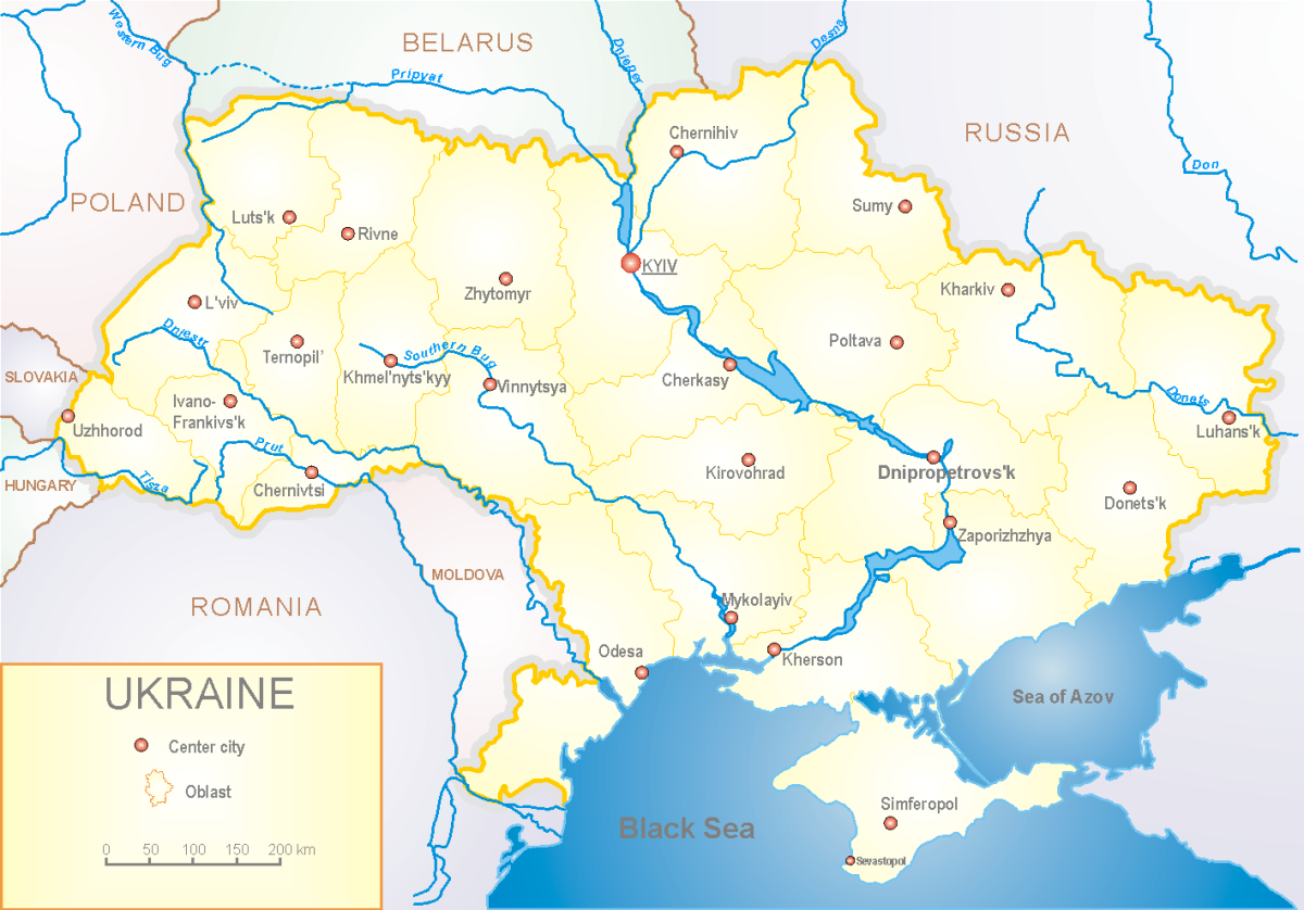 Map of Ukraine’s internationally-recognized borders with the administrative center of each oblast labeled.

Image credit: Sven Teschke via Wikimedia Commons