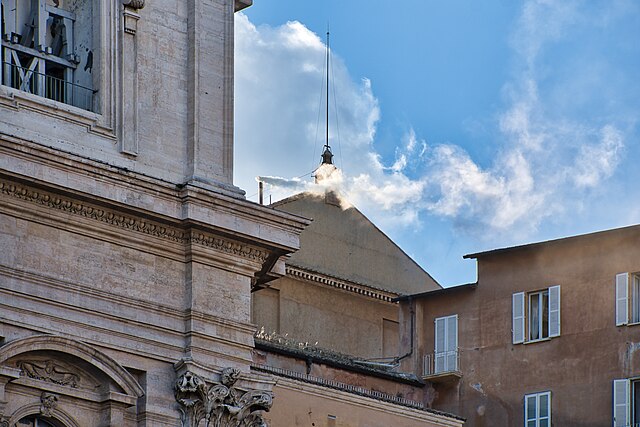 White smoke could be seen from the chimney of the Sistine Chapel on May 8 at 6:07 P.M., indicating that a new pope had been chosen.

Image credit: P 1997 via Wikimedia Commons License: https://creativecommons.org/licenses/by-sa/4.0/deed.it